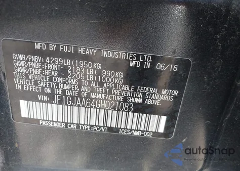 2016 Subaru Impreza 2.0I z USA, uszkodzony, nr VIN JF1GJAA64GH021083